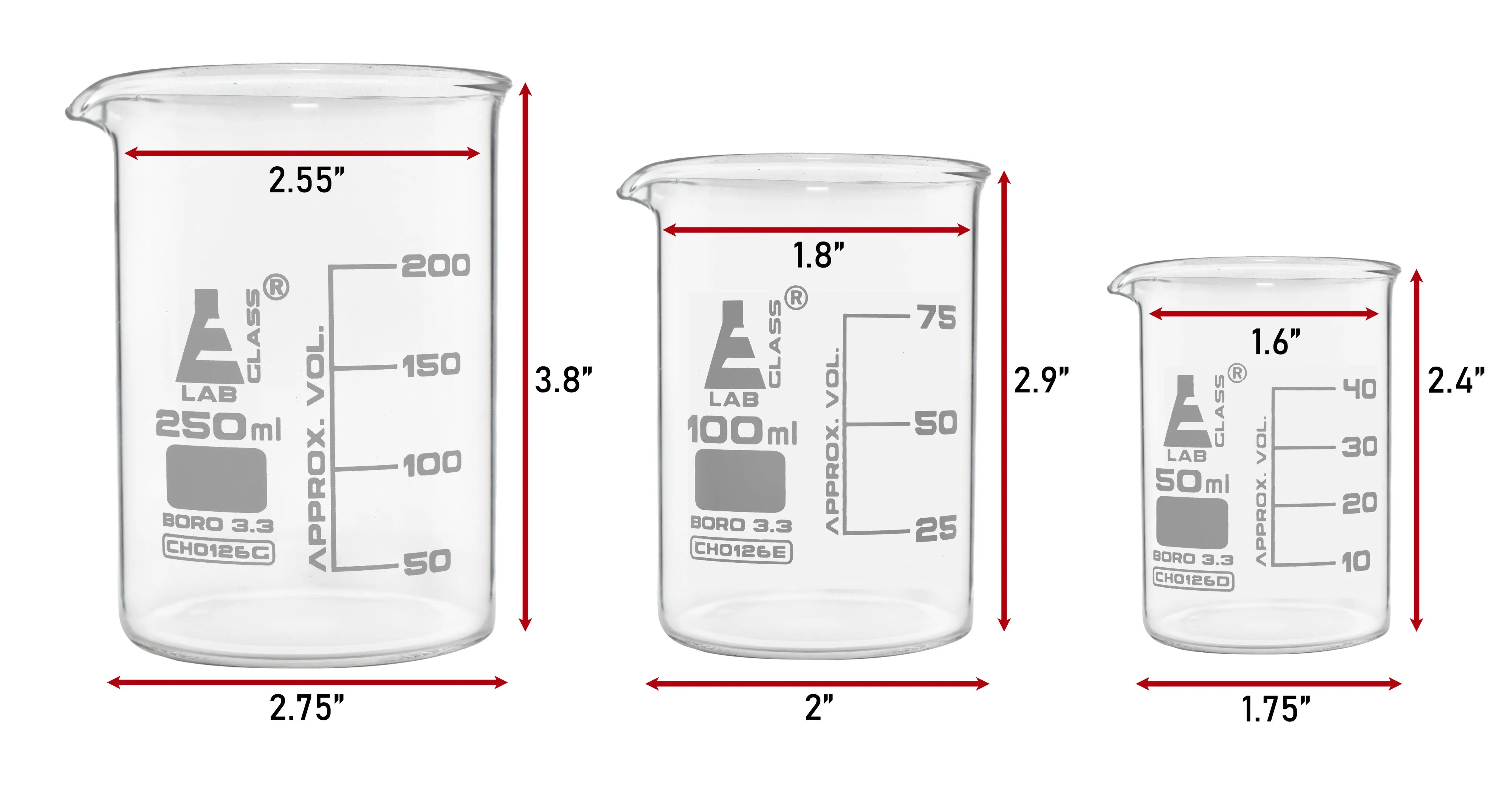 Safety Pack Beaker Set, 250ml, 100ml & 50ml - Low Form, White Graduations - Borosilicate 3.3 Glass