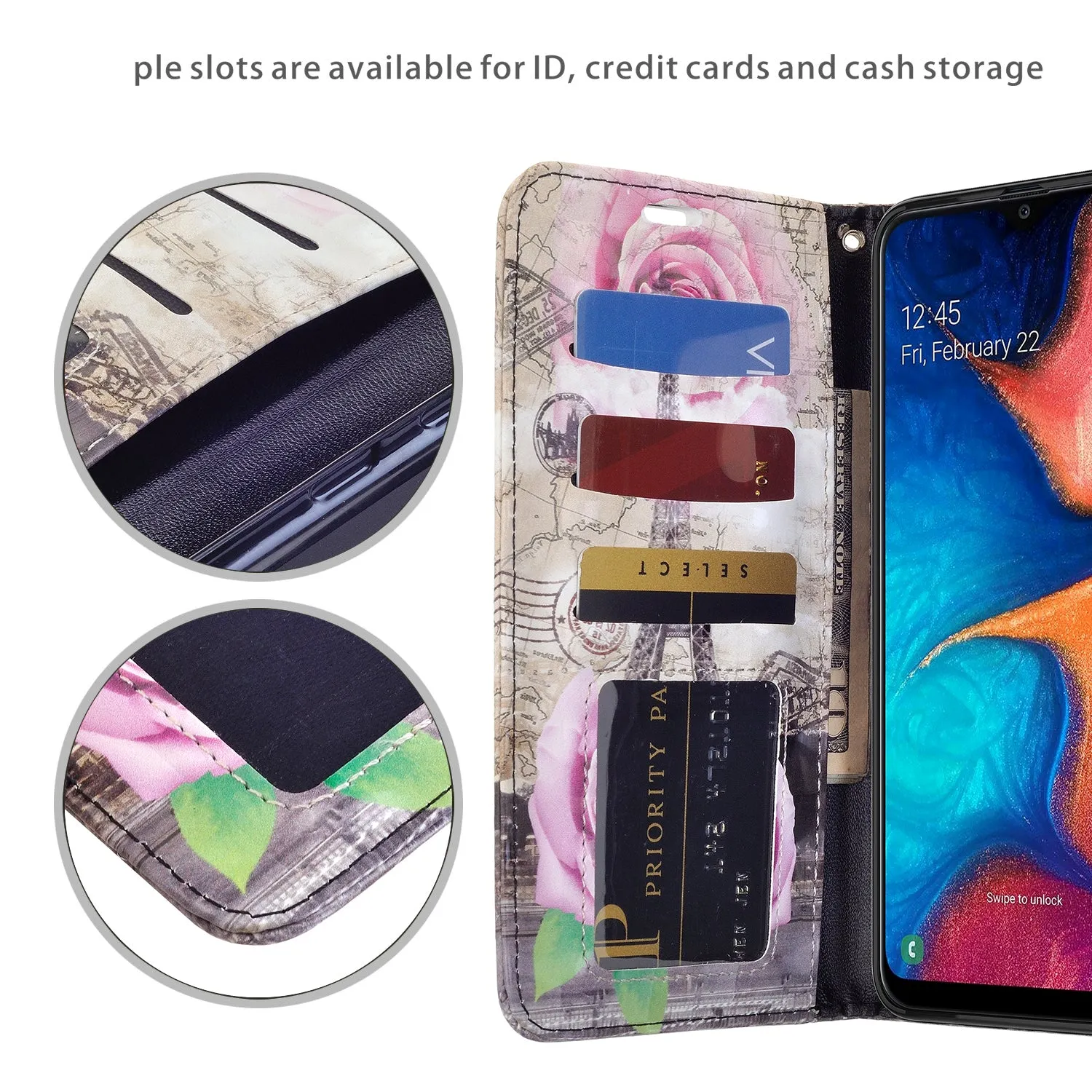 Samsung Galaxy A20 Case, Galaxy A20 Wallet Case, Wrist Strap Pu Leather Wallet Case [Kickstand] with ID & Credit Card Slots - Paris