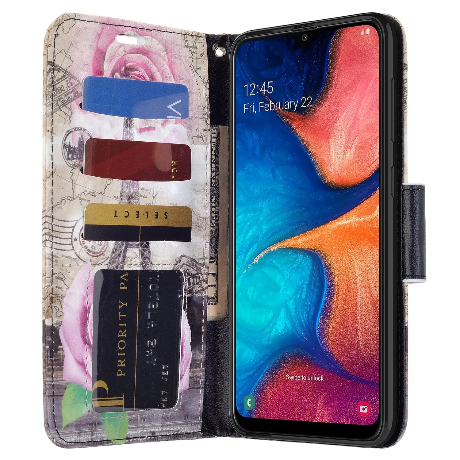 Samsung Galaxy A20 Case, Galaxy A20 Wallet Case, Wrist Strap Pu Leather Wallet Case [Kickstand] with ID & Credit Card Slots - Paris