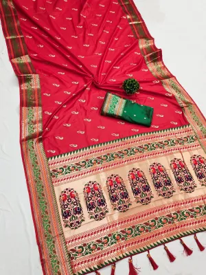 Super classy Red Paithani Silk Saree With Prodigal Blouse Piece