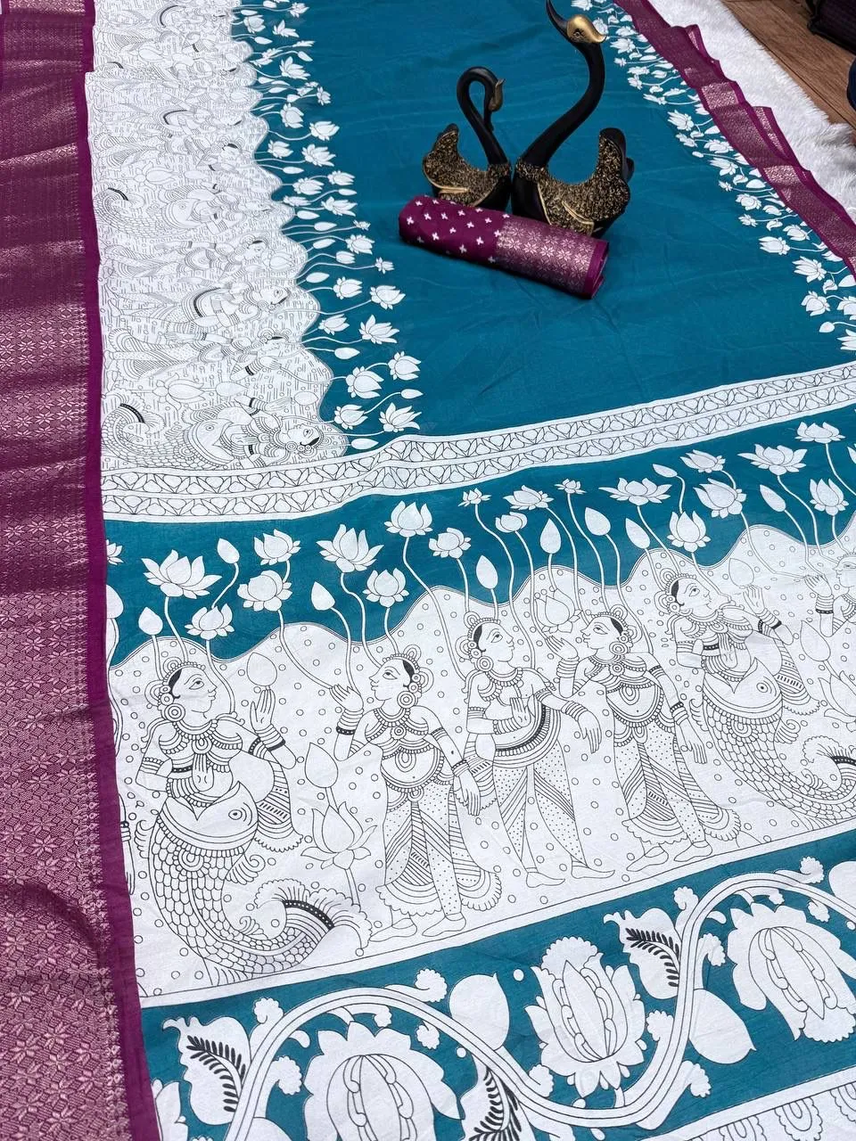 Tempting Firozi Digital Printed Dola Silk Saree With Resplendent Blouse Piece