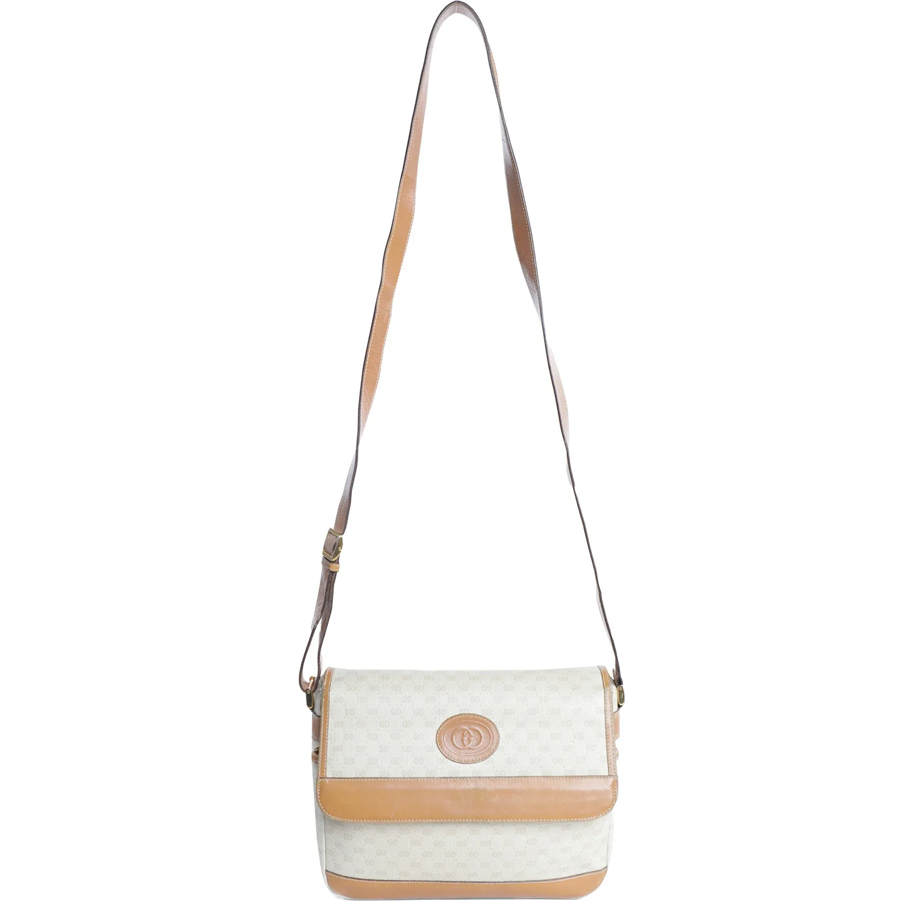 Vintage 80s Gucci Monogram Messenger Crossbody Cream Leather Bag