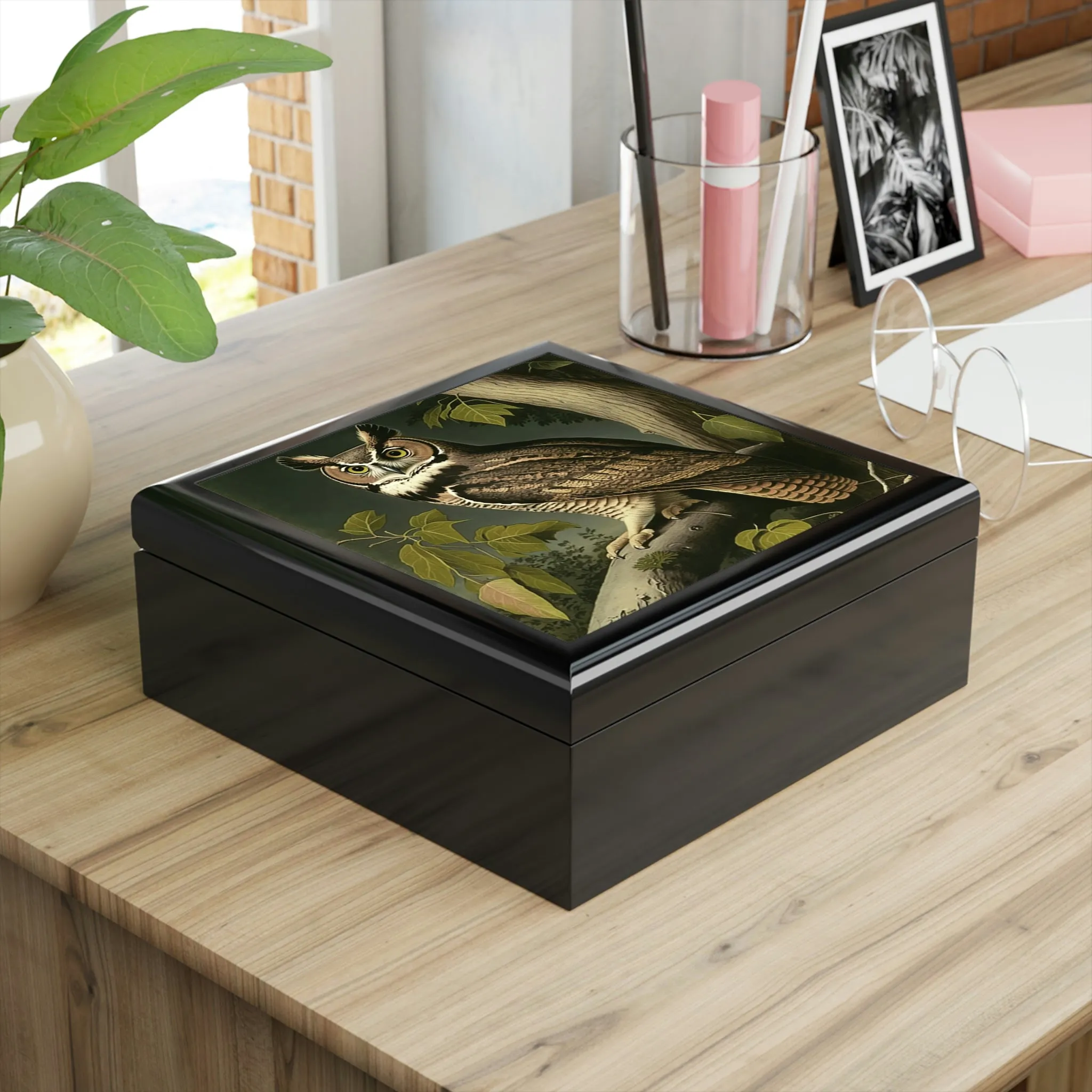Vintage - Great Horned Owl - Wooden Keepsake Jewelry Box