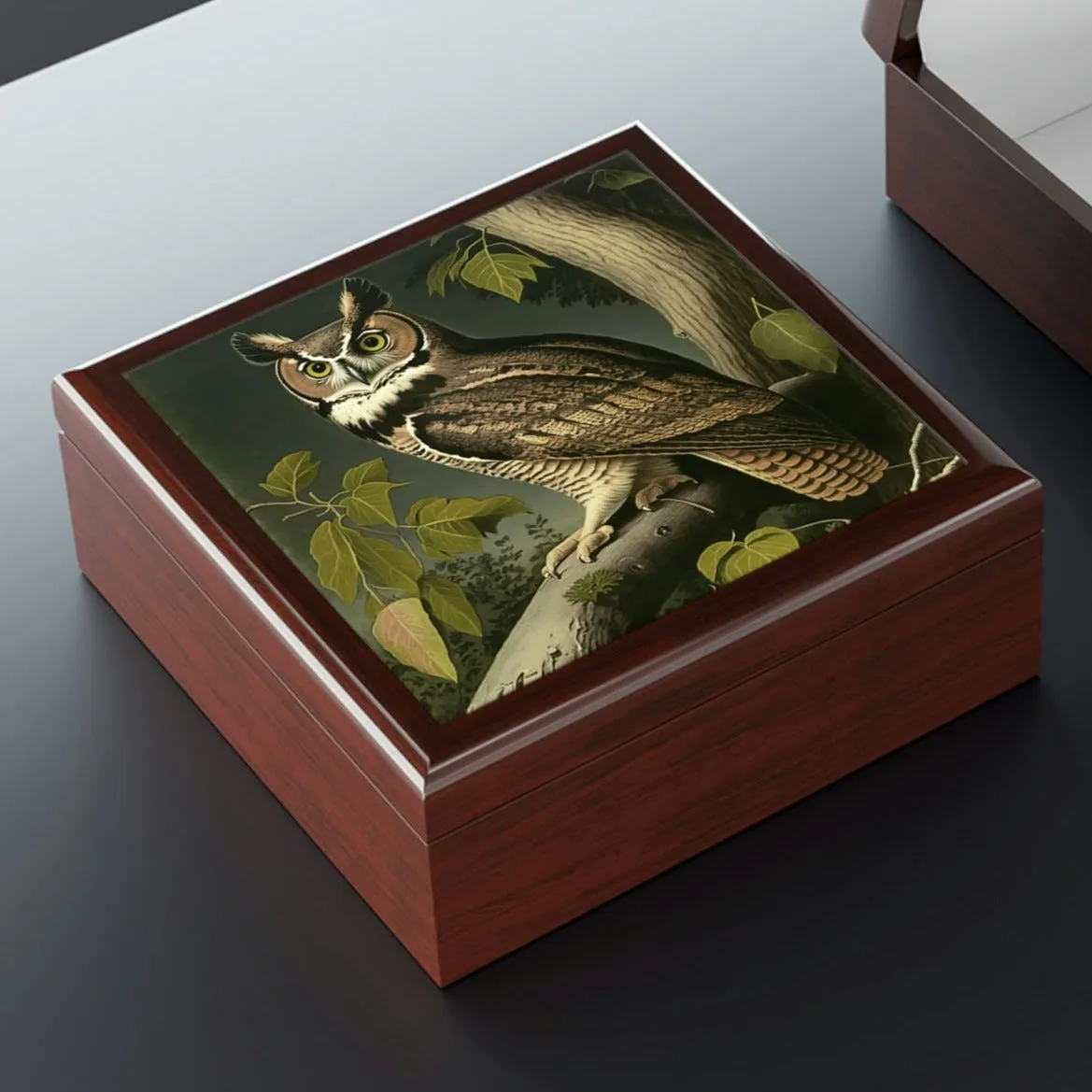 Vintage - Great Horned Owl - Wooden Keepsake Jewelry Box
