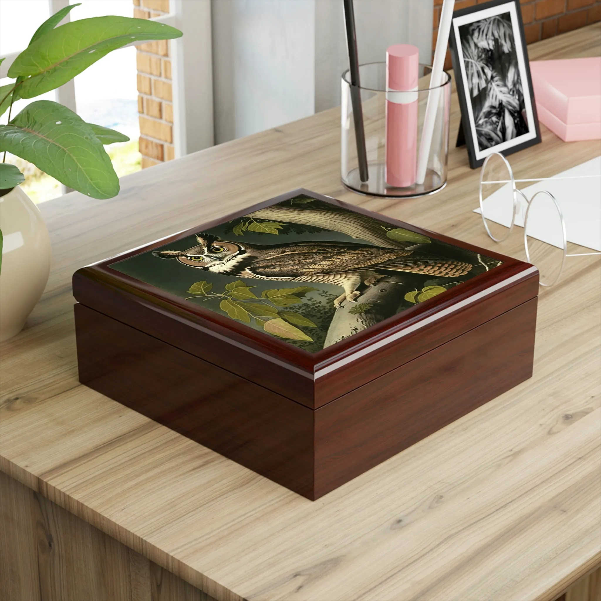 Vintage - Great Horned Owl - Wooden Keepsake Jewelry Box