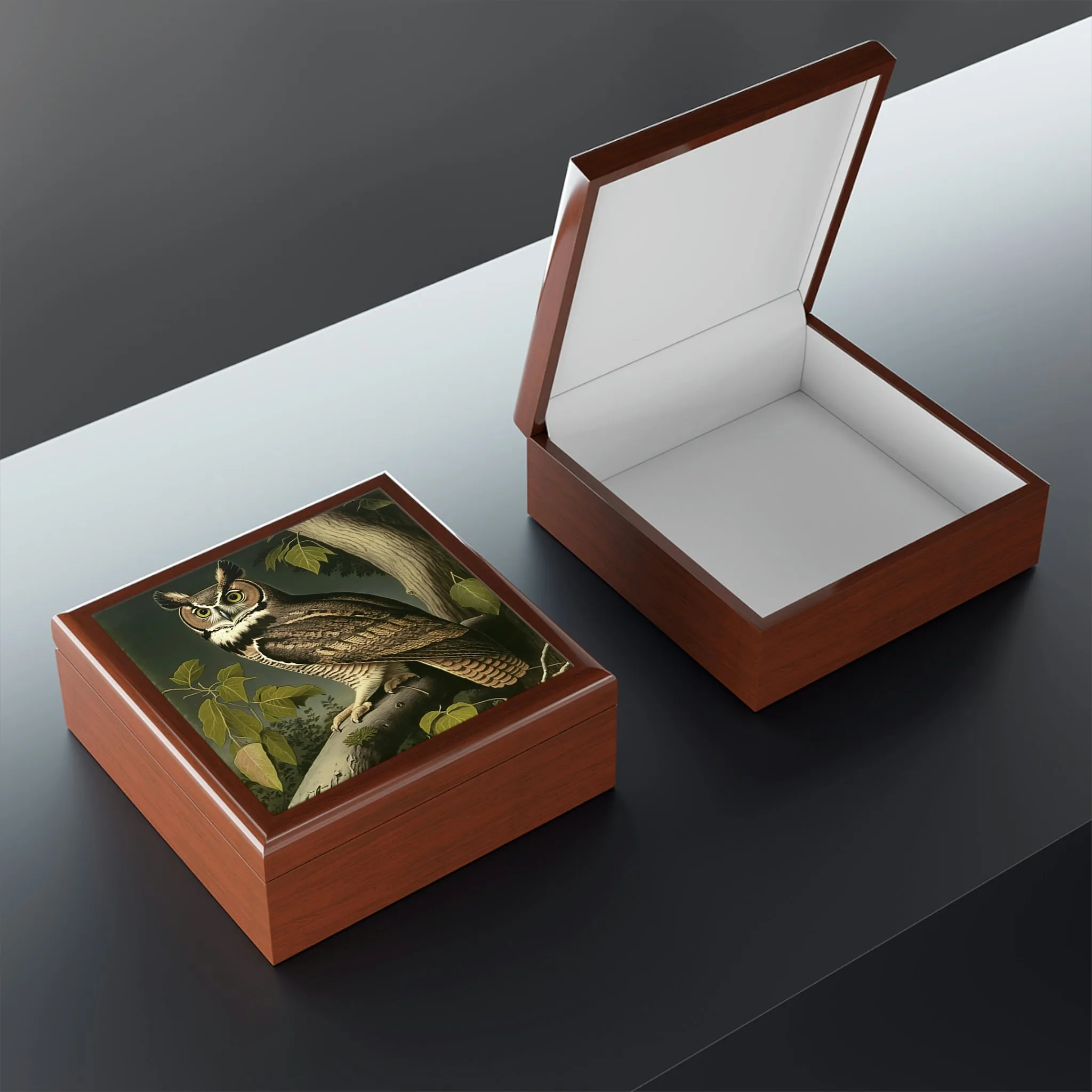 Vintage - Great Horned Owl - Wooden Keepsake Jewelry Box