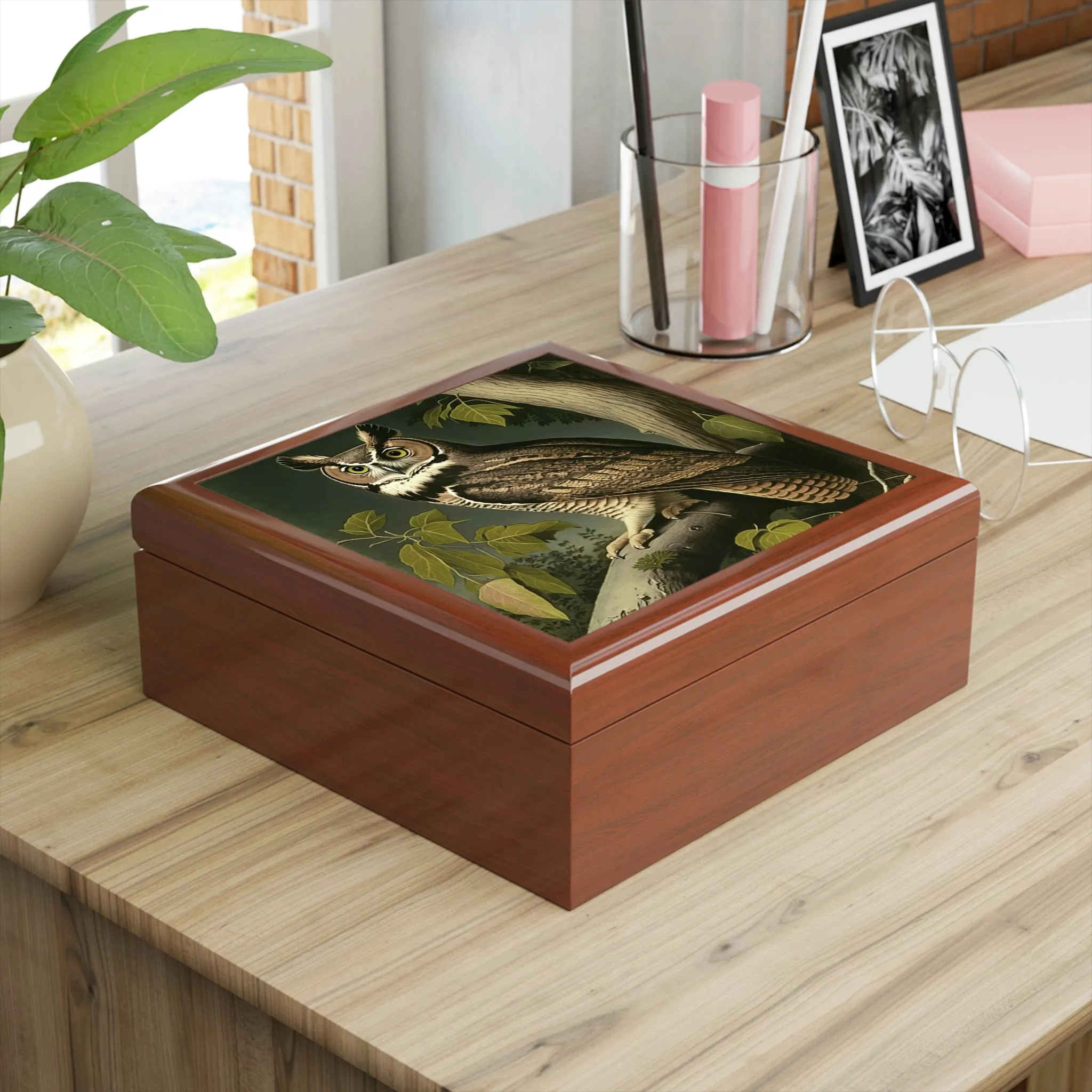 Vintage - Great Horned Owl - Wooden Keepsake Jewelry Box