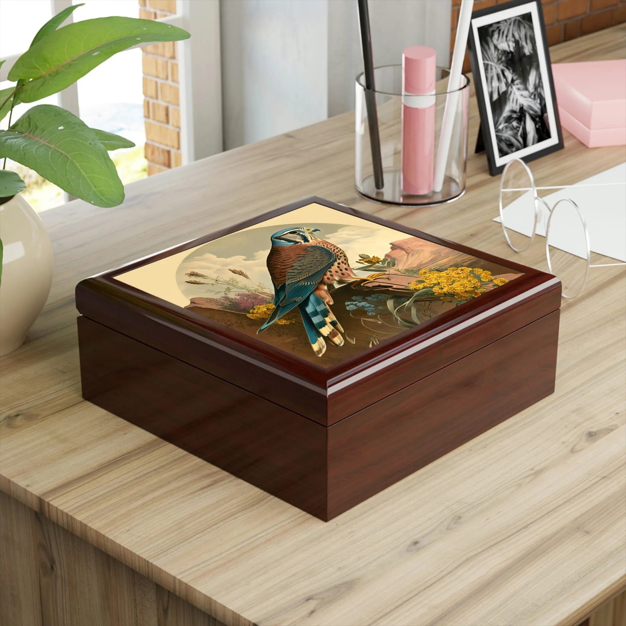Vintage Peregrine Falcon Wooden Keepsake Jewelry Box