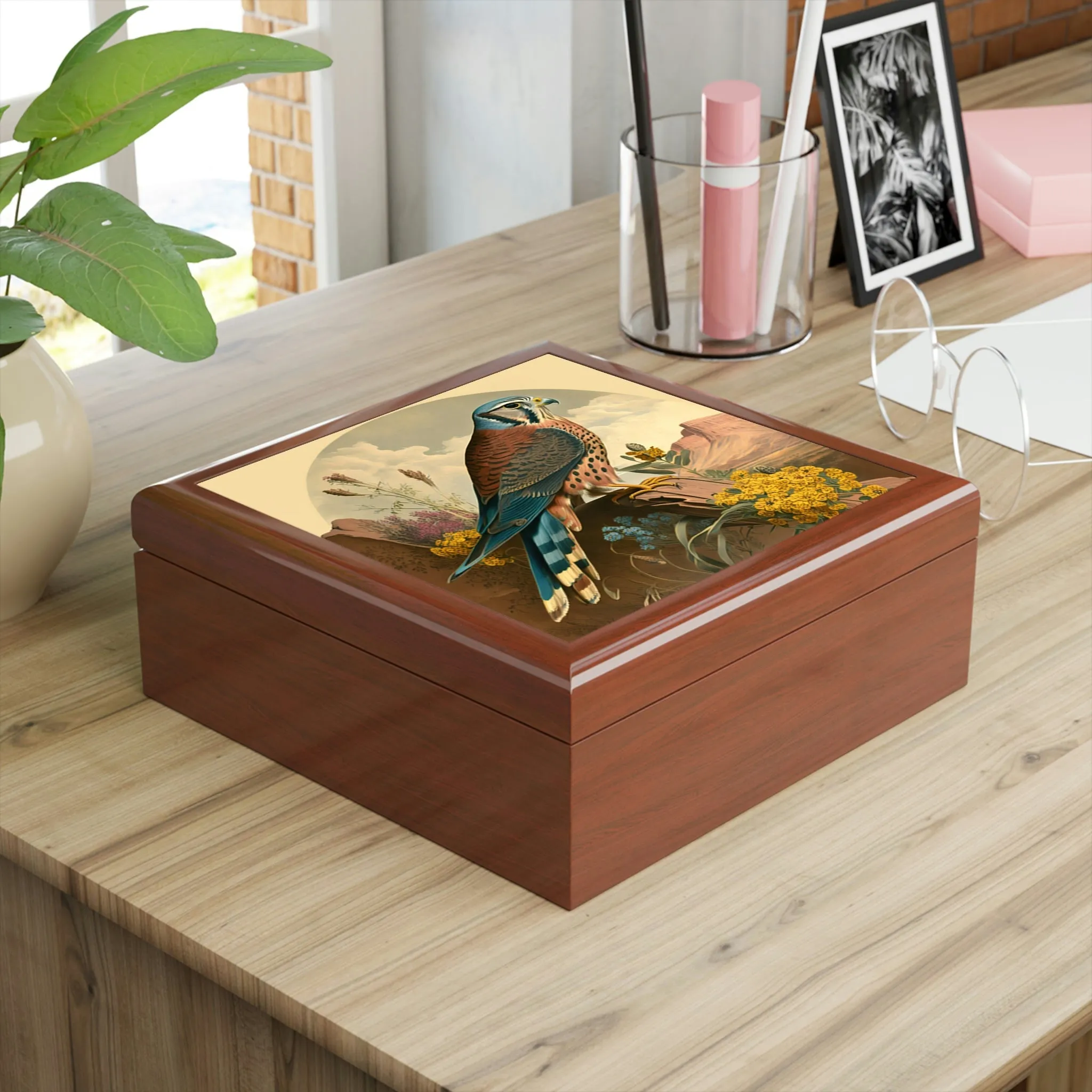 Vintage Peregrine Falcon Wooden Keepsake Jewelry Box