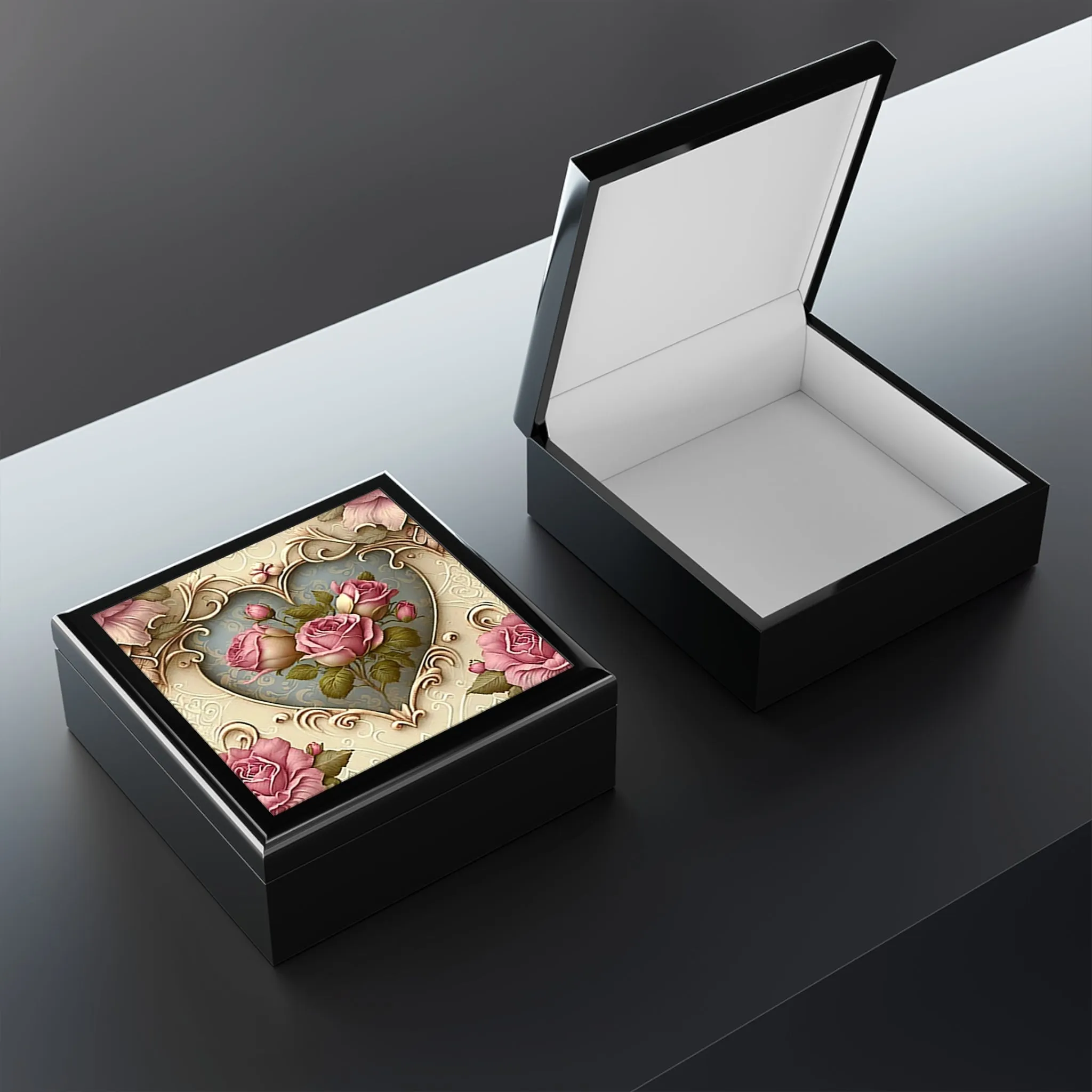 Vintage Pink Victorian Roses Wood Keepsake Jewelry Box with Ceramic Tile Cover