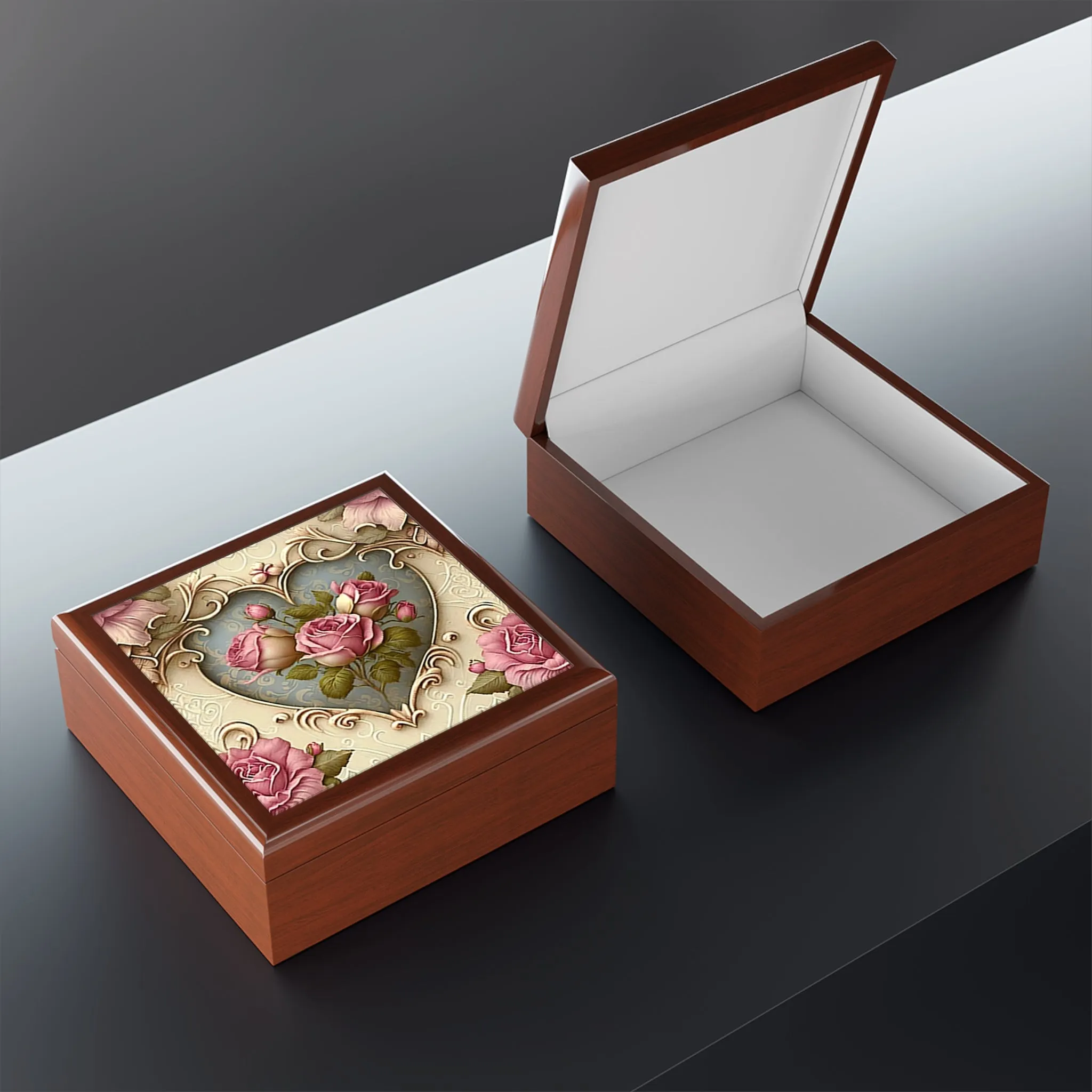 Vintage Pink Victorian Roses Wood Keepsake Jewelry Box with Ceramic Tile Cover