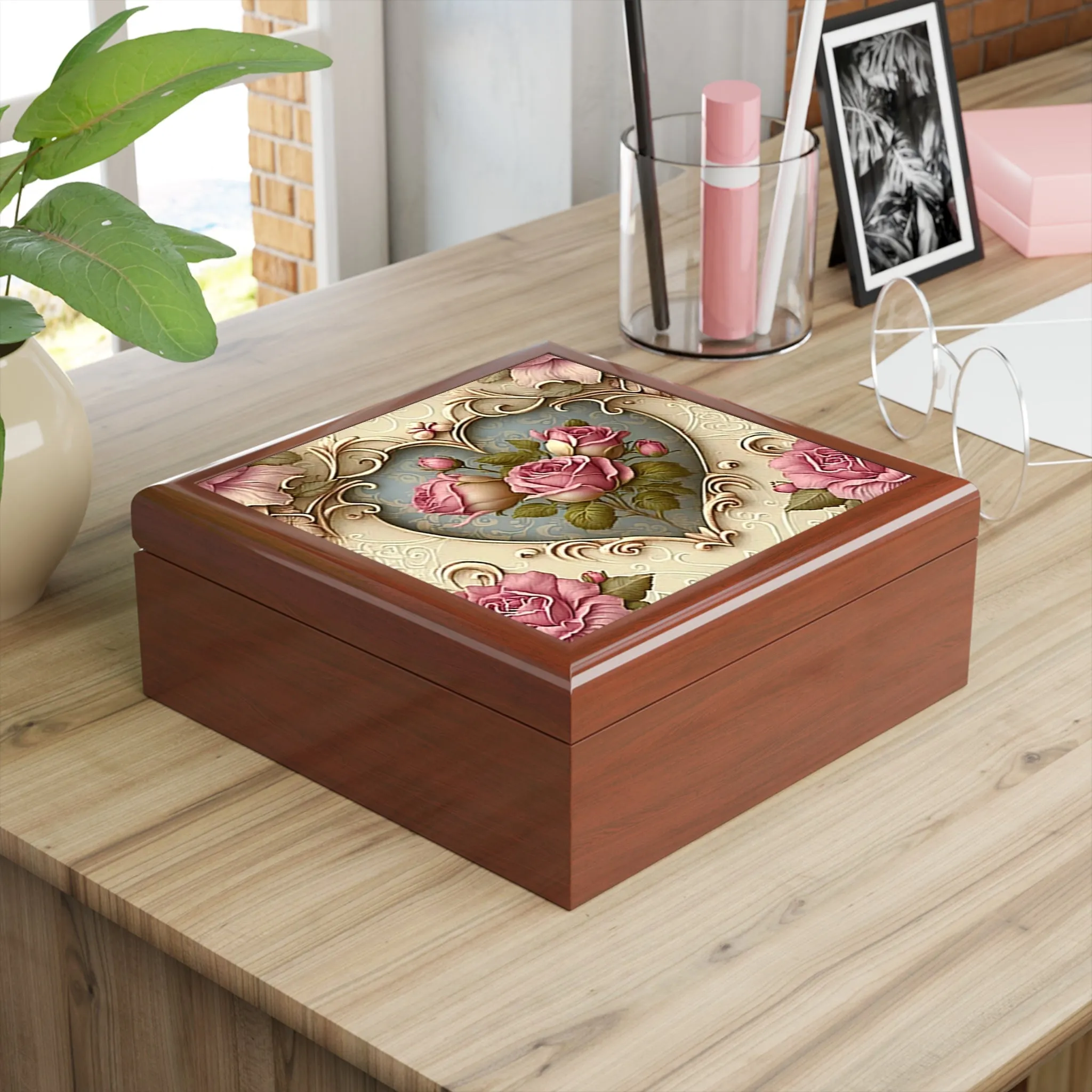 Vintage Pink Victorian Roses Wood Keepsake Jewelry Box with Ceramic Tile Cover