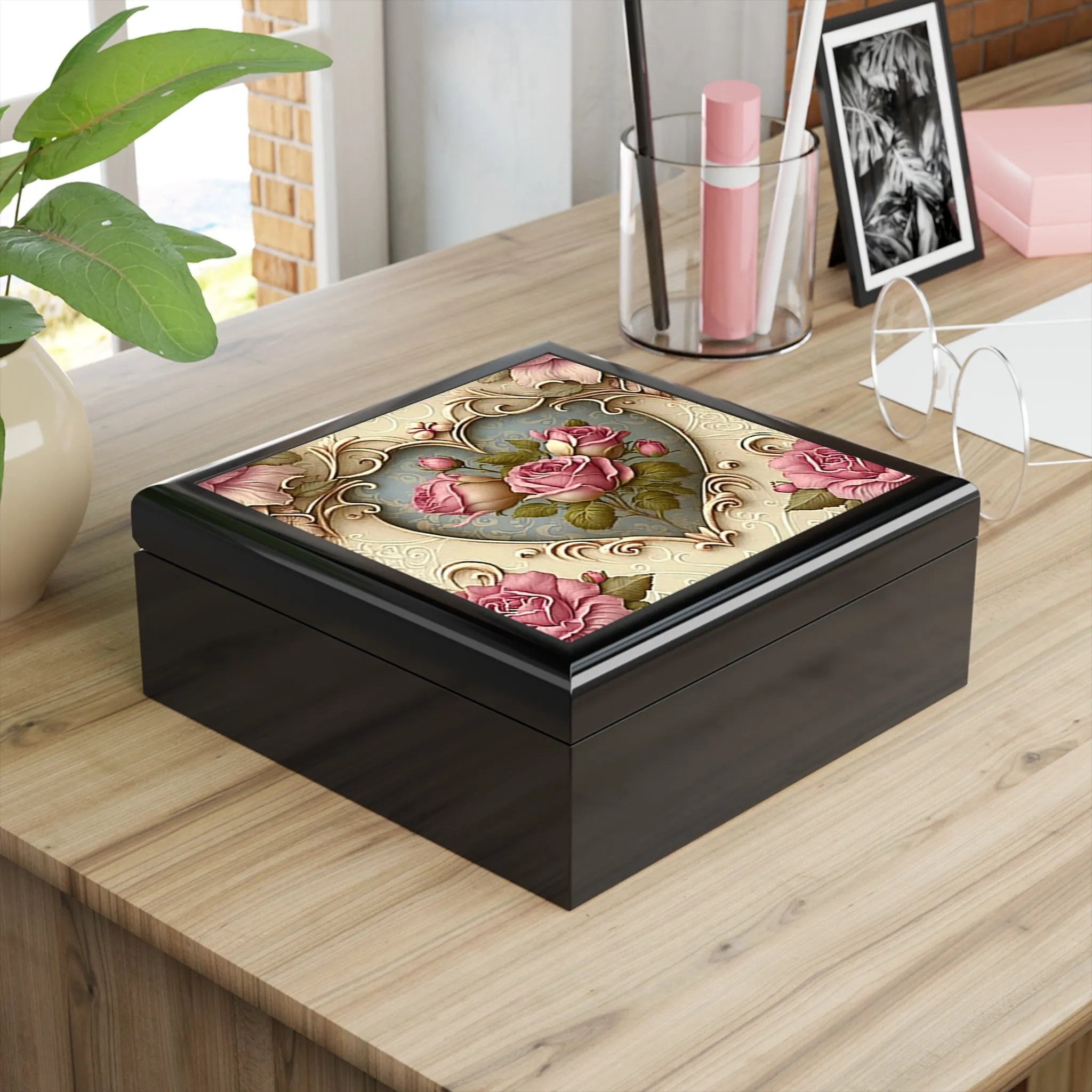 Vintage Pink Victorian Roses Wood Keepsake Jewelry Box with Ceramic Tile Cover