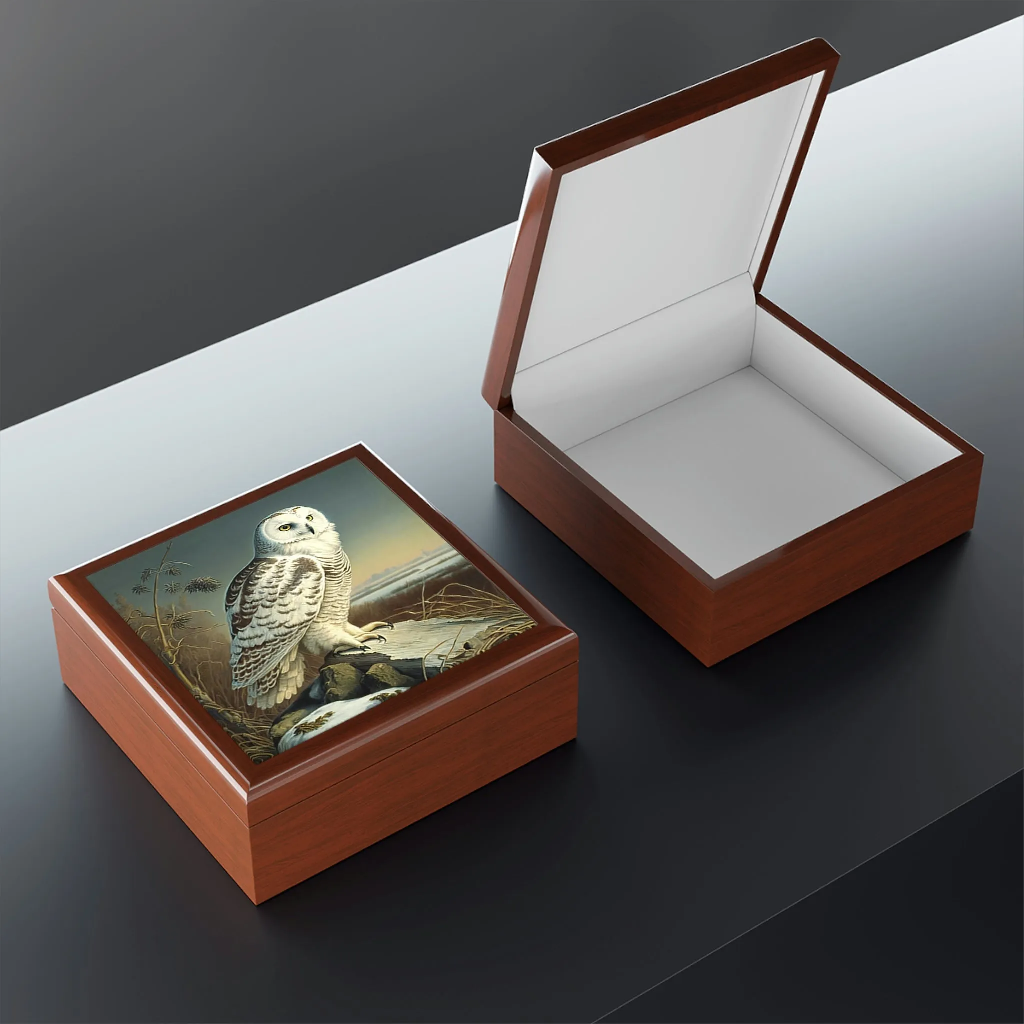 Vintage Snowy Owl Wooden Keepsake Jewelry Box