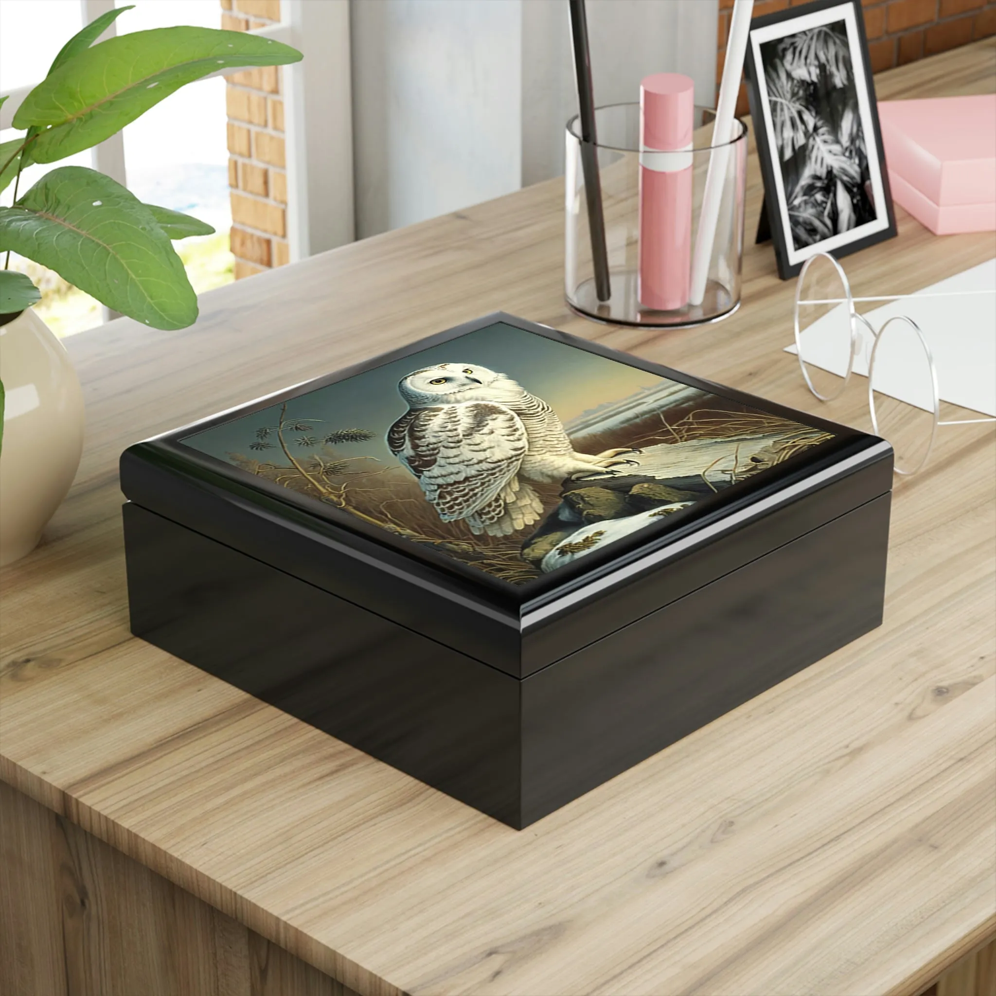 Vintage Snowy Owl Wooden Keepsake Jewelry Box