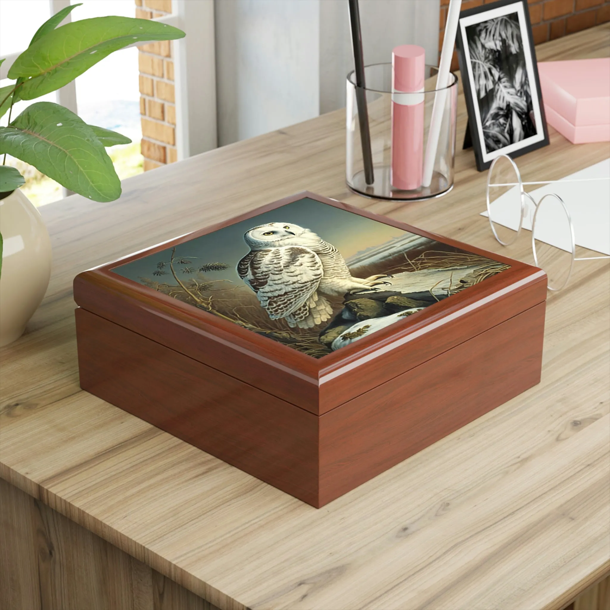 Vintage Snowy Owl Wooden Keepsake Jewelry Box