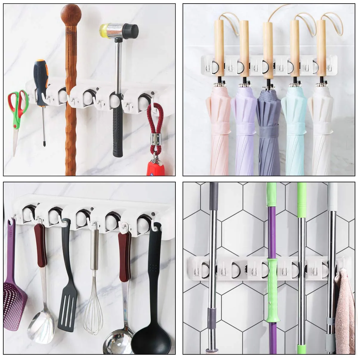 Wall Mount Mop Broom Holder, Hanging Broom Organizer w/ 5 Slots & 6 Hooks
