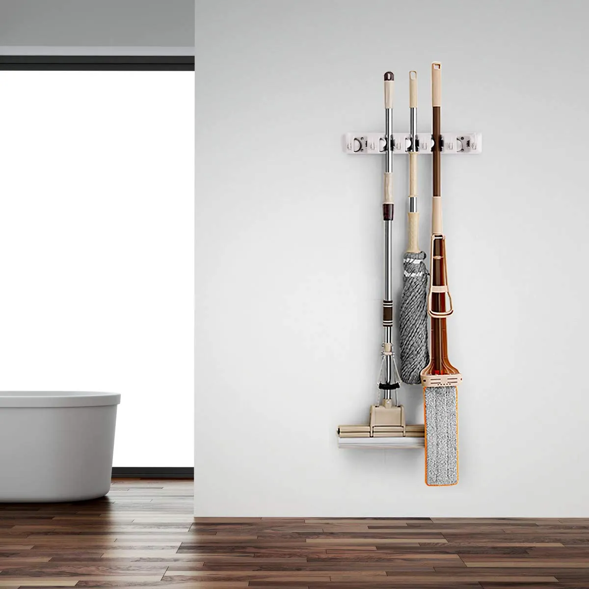 Wall Mount Mop Broom Holder, Hanging Broom Organizer w/ 5 Slots & 6 Hooks