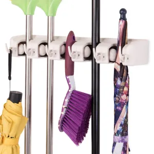 Wall Mount Mop Broom Holder, Hanging Broom Organizer w/ 5 Slots & 6 Hooks