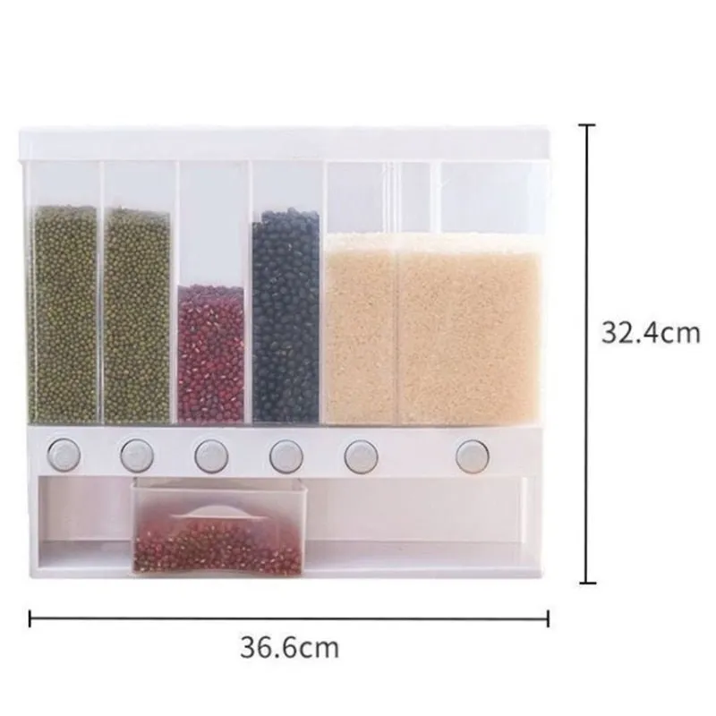 Wall-Mounted Dry Food Dispenser - 6/3 Grid Cereal Dispenser Kitchen Storage Organizer