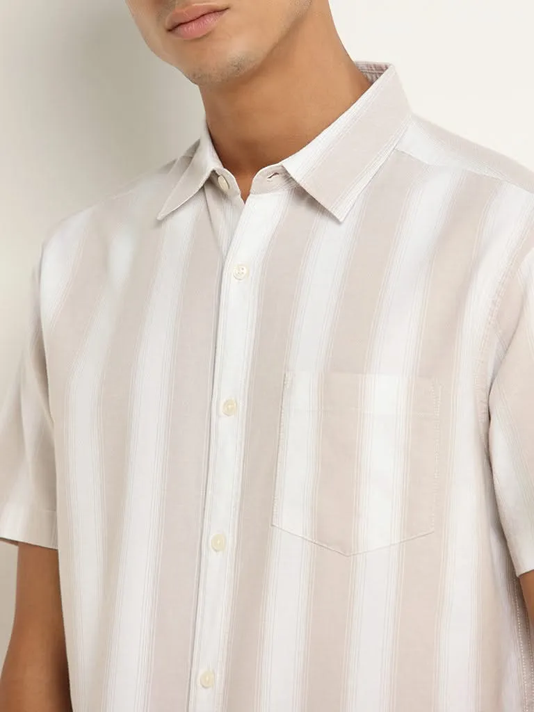 WES Casuals Beige Striped Cotton Blend Relaxed Fit Shirt