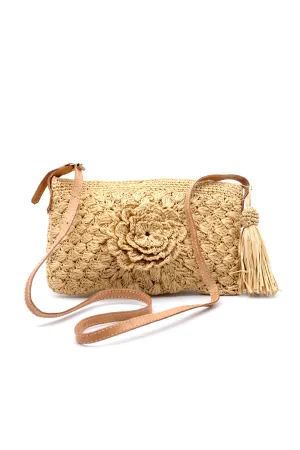 ZaZa Flower Crochet Straw Crossbody Bag with Tassel Zipper Pull